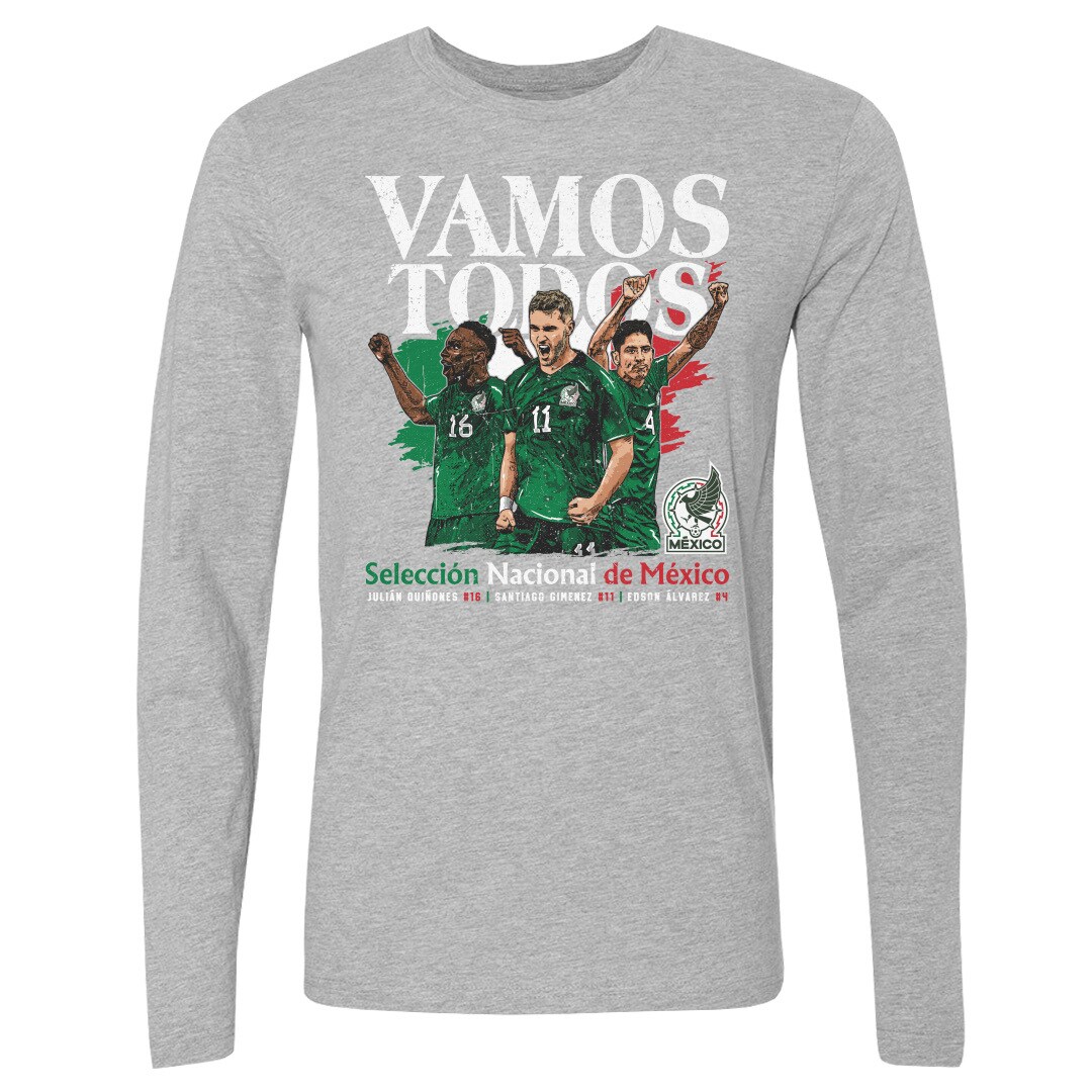 Explore mexico national team 500 level vamos todos julián quiñones santiago giménez amp edson Álvarez long sleeve t-shirt – heather gray – Germany Football Jerseys & T-Shirts Collection