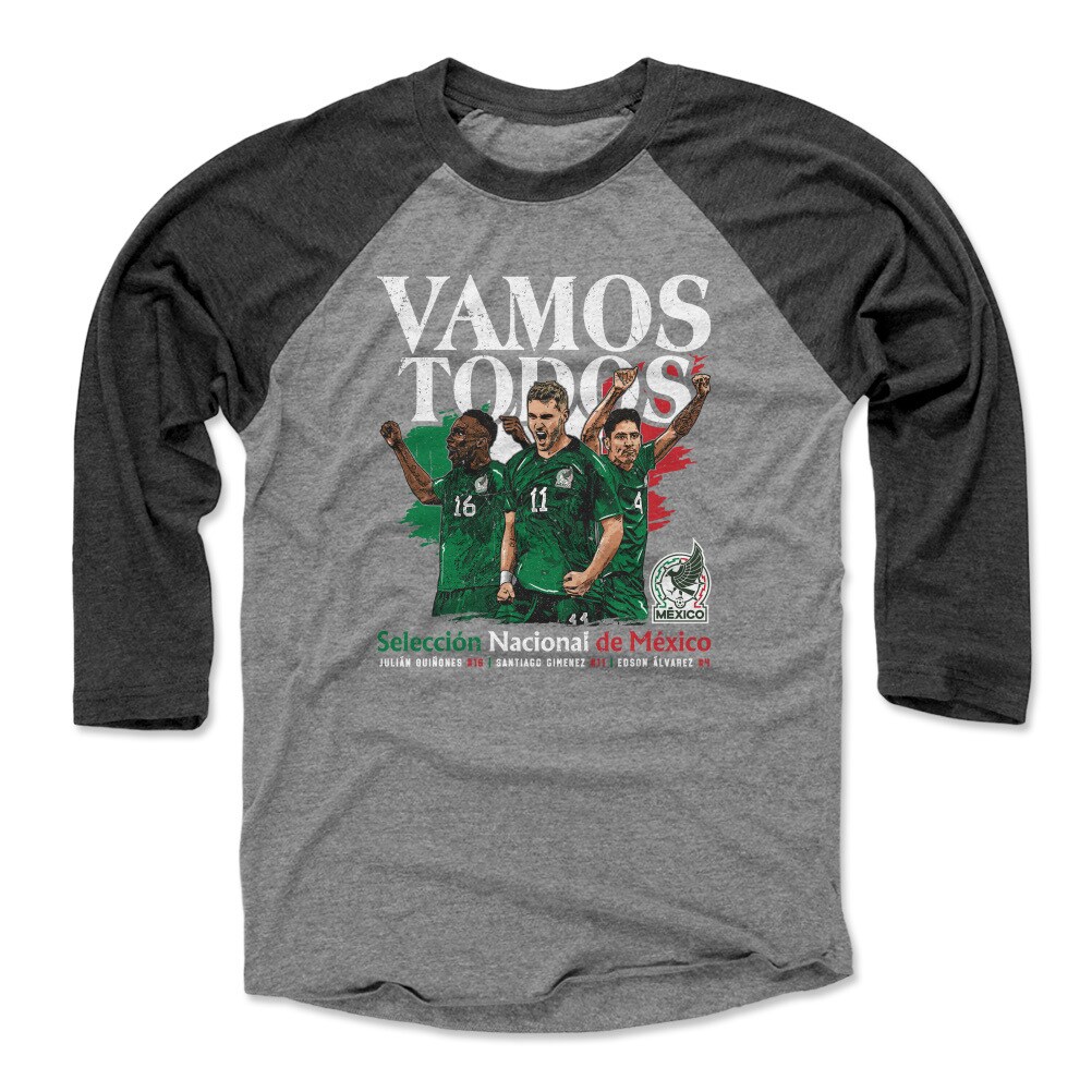 Explore mexico national team 500 level vamos todos julián quiñones santiago giménez amp edson Álvarez raglan 34-sleeve baseball t-shirt – black – Germany Football Jerseys & T-Shirts Collection